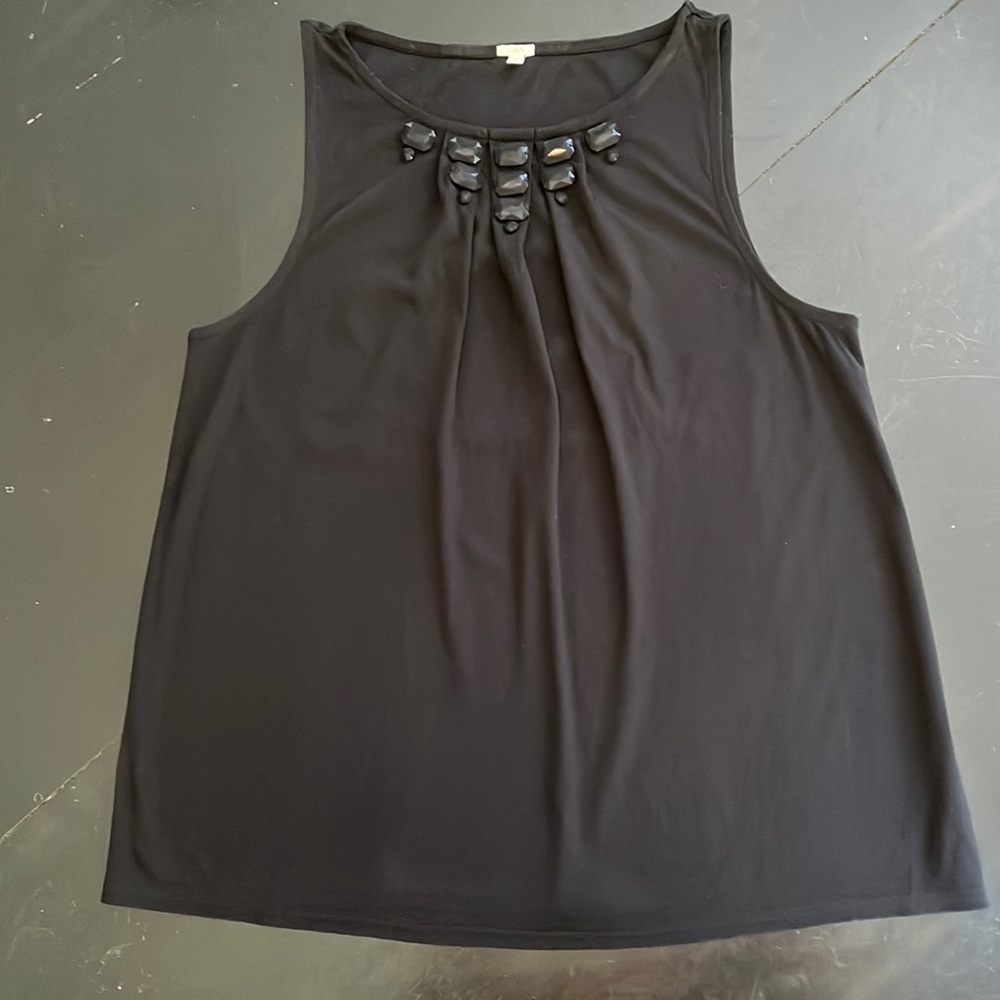 J Crew black sleeveless top. Bodice embellished with matte jewels.